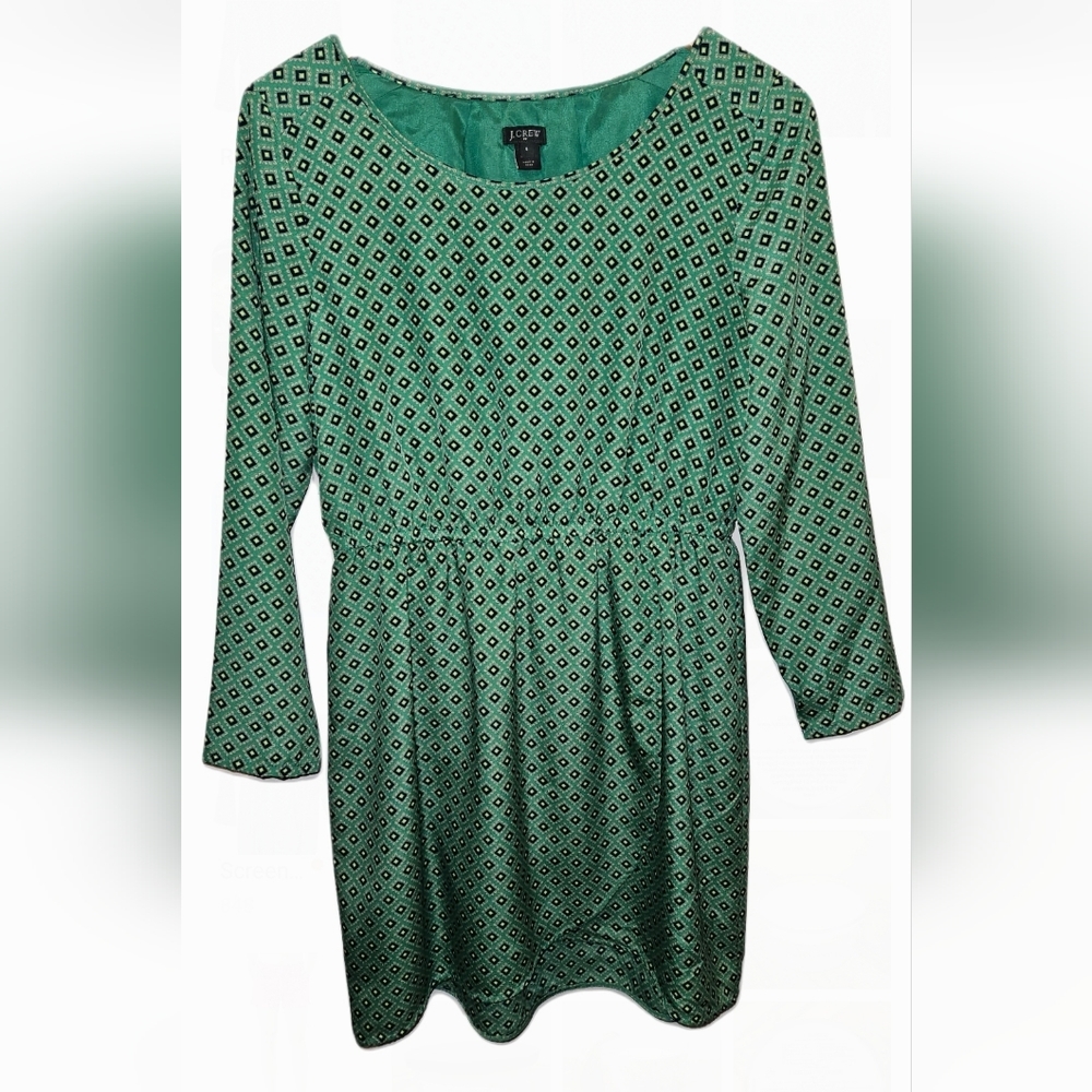 J. Crew Green Diamond Geometric Tulip Faux Wrap Dress - long sleeve
